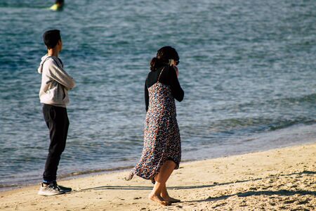 Tel Aviv Israel December 22, 2019 View of unidentified people having fun on the beach of Tel Aviv in...
