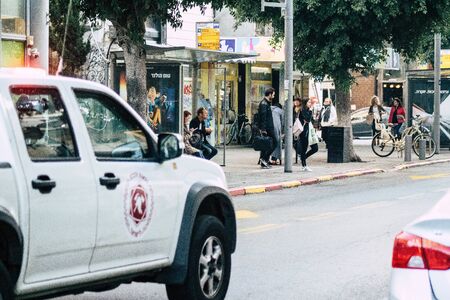 Tel Aviv Israel December 23, 2019 View of Israeli fire engine rolling in the streets of Tel Aviv in the afternoonの写真素材