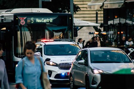 Tel Aviv Israel December 23, 2019 View of a Israeli police car rolling in the streets of Tel Aviv in the afternoonの写真素材