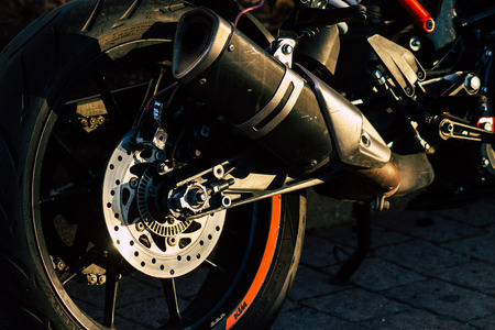 Tel Aviv Israel December 04, 2019 Closeup of a motorcycle parked in the streets of Tel Aviv in the morningのeditorial素材
