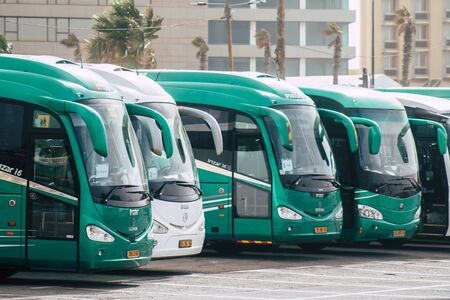 Tel Aviv Israel December 25, 2019 View of traditional Israeli public city bus parked in the streets...