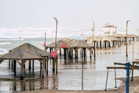 Tel Aviv Israel December 25, 2019 View of a winter storm on the beach of Tel Aviv in the afternoonの写真素材