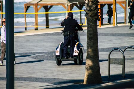 Tel Aviv January 01, 2020 View of a Israeli police motorcycle in the streets of Tel Aviv in the afternoonの写真素材