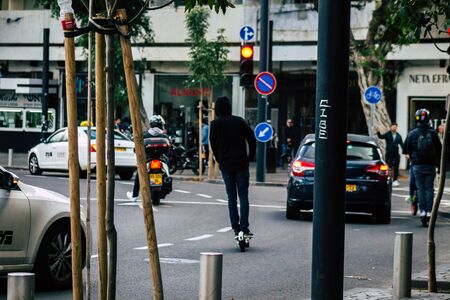 Tel Aviv Israel January 03, 2020 View of unidentified people rolling with an electric scooter in the...