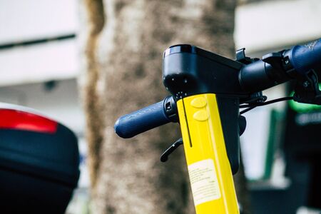 Tel Aviv Israel January 03, 2020 View of an electric scooter parked in the streets of Tel Aviv in the afternoonの写真素材