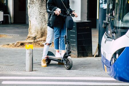 Tel Aviv Israel January 03, 2020 View of unidentified people rolling with an electric scooter in the...