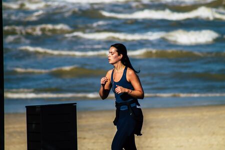 Tel Aviv Israel January 06, 2020 View of unidentified people running on Herbert Samuel Promenade in...