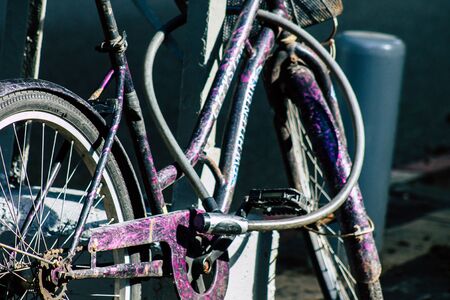 Tel Aviv Israel January 10, 2020 Closeup of a bicycle parked in the streets of Tel Aviv in the morningの写真素材
