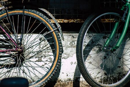Tel Aviv Israel January 10, 2020 Closeup of a bicycle parked in the streets of Tel Aviv in the...