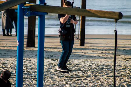 Tel Aviv Israel January 10, 2020 View of unidentified Israeli kid having fun on the beach of Tel...