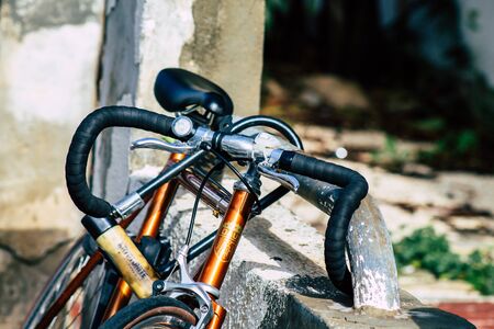 Tel Aviv Israel January 10, 2020 Closeup of a bicycle parked in the streets of Tel Aviv in the...