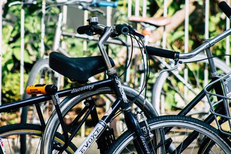 Tel Aviv Israel January 10, 2020 Closeup of a bicycle parked in the streets of Tel Aviv in the...