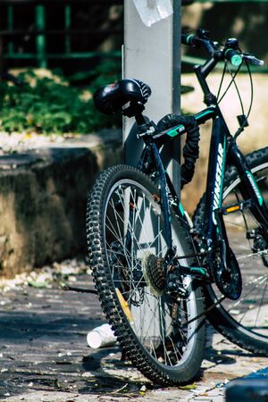 Tel Aviv Israel January 10, 2020 Closeup of a bicycle parked in the streets of Tel Aviv in the morningの写真素材