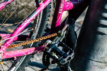 Tel Aviv Israel January 10, 2020 Closeup of a bicycle parked in the streets of Tel Aviv in the...