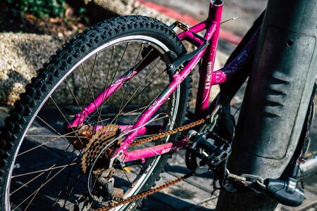 Tel Aviv Israel January 10, 2020 Closeup of a bicycle parked in the streets of Tel Aviv in the morningの写真素材