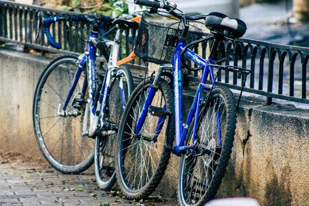 Tel Aviv Israel January 10, 2020 Closeup of a bicycle parked in the streets of Tel Aviv in the...