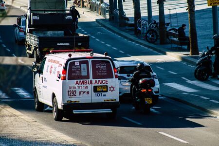 Tel Aviv Israel January 08, 2020 View of a Israeli ambulance rolling in the streets of Tel Aviv in the afternoonの写真素材
