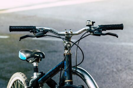 Tel Aviv Israel January 10, 2020 Closeup of a bicycle parked in the streets of Tel Aviv in the morningの写真素材