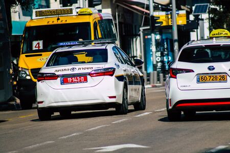 Tel Aviv Israel January 13, 2020 View of traditional Israeli taxi rolling in the streets of Tel Aviv...