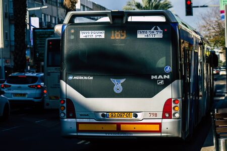 Tel Aviv Israel January 13, 2020 View of a traditional Israeli public city bus rolling in the...