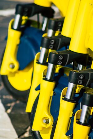 Tel Aviv Israel January 14, 2020 View of an electric scooter parked in the streets of Tel Aviv in the afternoonの写真素材