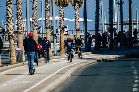 Tel Aviv Israel January 13, 2020 View of unidentified people rolling with an electric scooter in the...