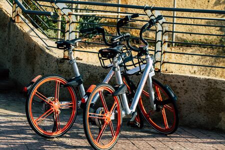 Tel Aviv Israel January 14, 2020 View of bicycle parked in the streets of Tel Aviv in the afternoon