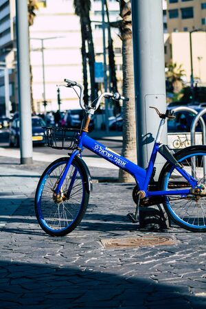Tel Aviv Israel January 14, 2020 View of bicycle parked in the streets of Tel Aviv in the afternoonの写真素材