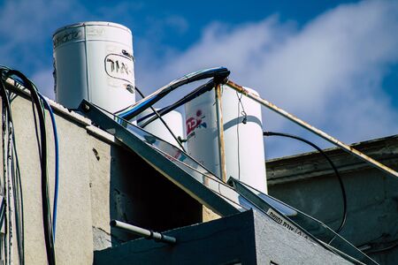 Tel Aviv Israel January 23, 2020 View of a solar water heater on the roof of a Tel Aviv building in...