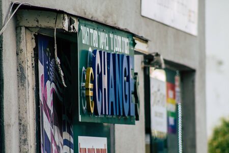 Tel Aviv Israel January 23, 2020 View of commercial sign on the facade of a building in the streets of Tel Aviv in the afternoonの写真素材