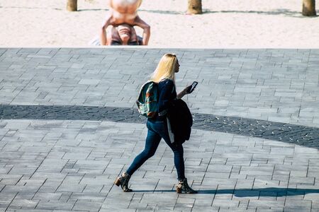 Tel Aviv Israel January 28, 2020 View of unidentified people walking on Herbert Samuel Promenade in Tel Aviv in winterの写真素材
