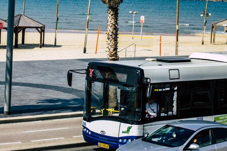 Tel Aviv Israel January 28, 2020 View of a traditional Israeli public city bus rolling in the...
