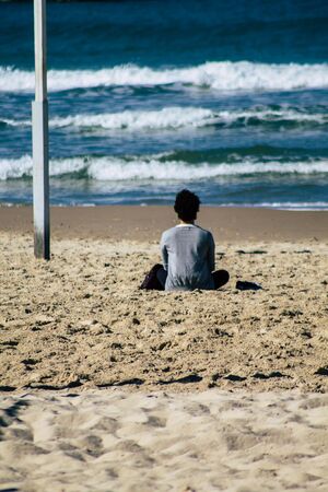 Tel Aviv Israel January 30, 2020 View of unidentified Israeli people having fun on the beach of Tel...