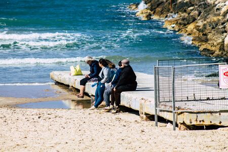 Tel Aviv Israel January 30, 2020 View of unidentified Israeli people having fun on the beach of Tel...