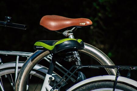Tel Aviv Israel January 31, 2020 Closeup of bicycle parked in the streets of Tel Aviv in the...