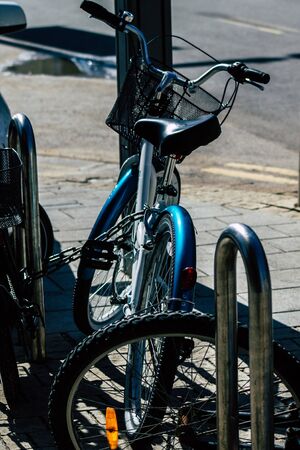 Tel Aviv Israel January 31, 2020 Closeup of bicycle parked in the streets of Tel Aviv in the...