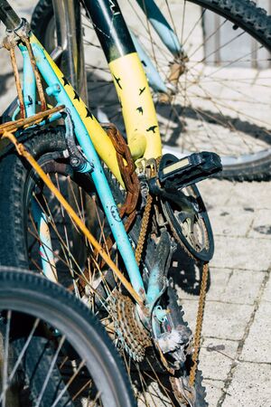 Tel Aviv Israel January 31, 2020 Closeup of bicycle parked in the streets of Tel Aviv in the afternoonの写真素材