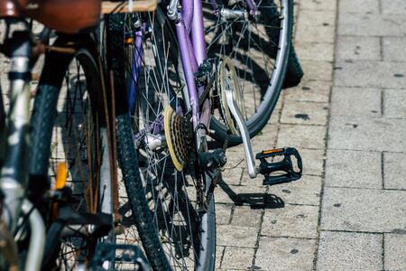 Tel Aviv Israel January 31, 2020 Closeup of bicycle parked in the streets of Tel Aviv in the...