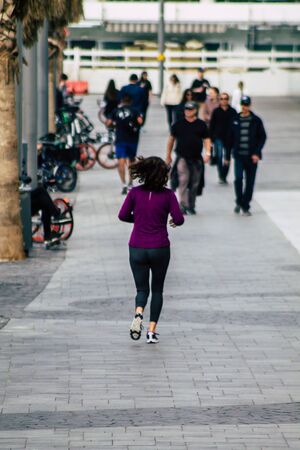 Tel Aviv Israel February 03, 2020 View of unidentified people running in the streets of Tel Aviv in winterのeditorial素材