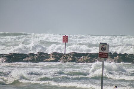 Tel Aviv Israel February 08, 2020 View of Tel Aviv beach during a winter storm in the afternoonの写真素材