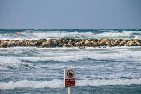 Tel Aviv Israel February 08, 2020 View of Tel Aviv beach during a winter storm in the afternoon