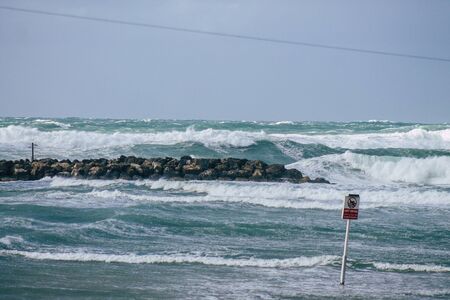 Tel Aviv Israel February 08, 2020 View of Tel Aviv beach during a winter storm in the afternoonの写真素材