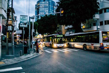 Tel Aviv Israel February 09, 2020 View of a traditional Israeli public city bus rolling in the...