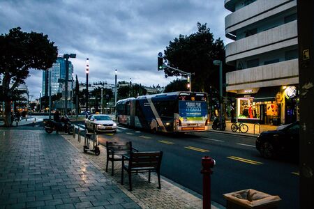 Tel Aviv Israel February 09, 2020 View of a traditional Israeli public city bus rolling in the streets of Tel Avivの写真素材