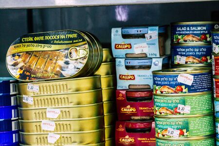 Tel Aviv Israel February 11, 2020 Closeup of various products sold in a grocery in the streets of...