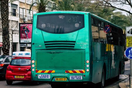 Tel Aviv Israel February 11, 2020 View of a traditional Israeli public city bus rolling in the...