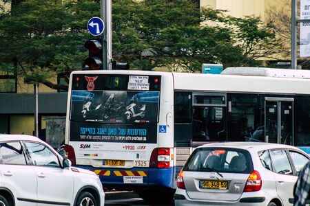 Tel Aviv Israel February 11, 2020 View of a traditional Israeli public city bus rolling in the...