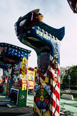 Reims France April 21, 2019 View of fun fair with its colorful stands located in the center of the city of Reims in the afternoonのeditorial素材