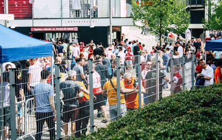 Reims France April 21, 2019 View of unknowns people at the security checkpoint to enter the Reims...