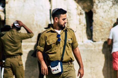 Jerusalem Israel October 06, 2019 View of unknowns Israeli soldiers praying front the Western wall in the Old city of Jerusalem in the afternoonのeditorial素材